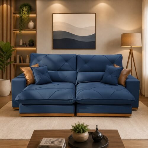 Sofá Retrátil e Reclinável Grambelo/Gran Bello 2,30 m Veludo Azul 07 – D SALA DECOR ESTOFADOS
