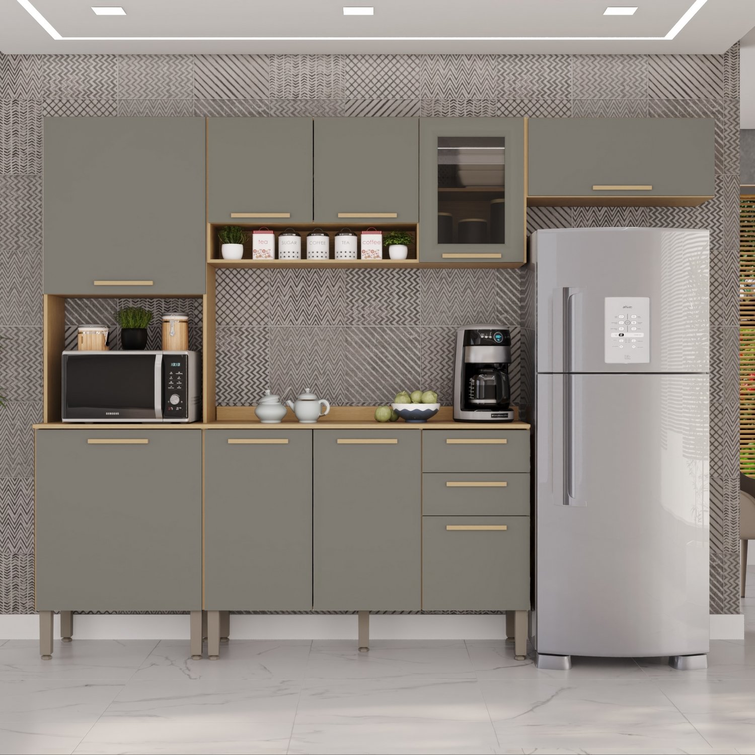 Cozinha Completa New Valência (Vidro fumê) Jequitibá/Granizo - SALLÊTO