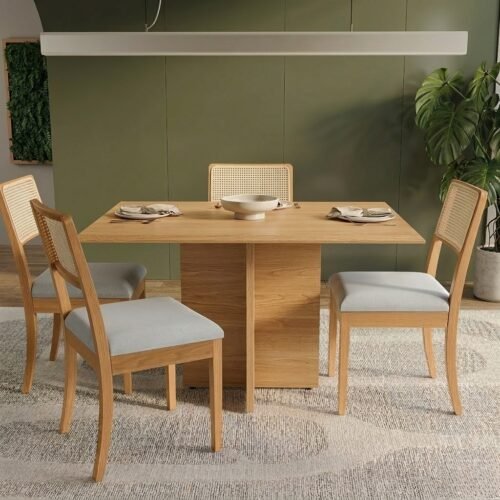 Mesa Pérola 120 Imbuia Mel (Tampo Viena s/vidro) com 4 Cadeiras Lola Linho Gelo A077A – CARVALHO DECOR + KAPPESBERG