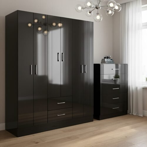 Guarda-Roupa 6 Portas Jamaica 6002 + Cômoda 5 Gavetas Aruba Preto – FELLICCI