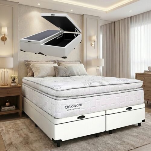 Colchão Queen New Freedom 32 cm D33 Molas Ensacadas + Base Baú Corino Branco – ORTOBOM + BIOSTAR