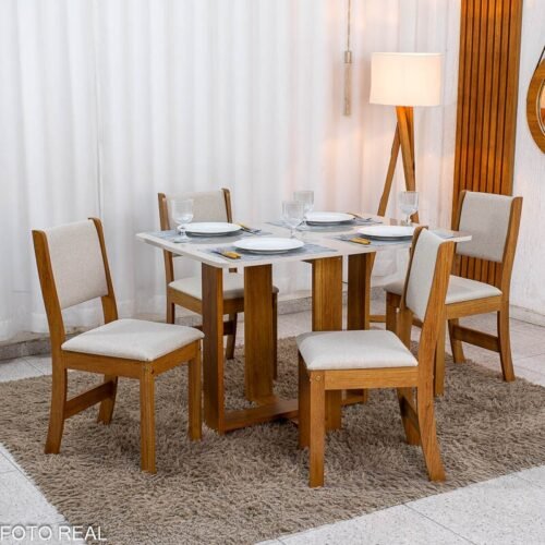 Alternative view of Mesa de Jantar Noor Mel 120x80 Tampo Off + 4 Cadeiras Sol Linho Bronze Bege - Viero