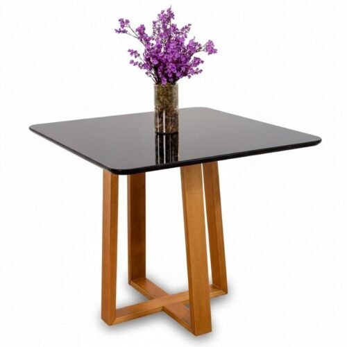 Base Mesa de Jantar Pedro 90x90 Vidro Preto Base Madeira Art Assento - Entregue Montada