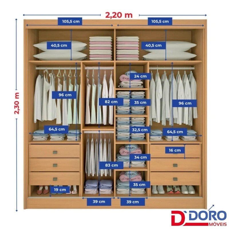 Guarda-roupa Casal 2,20m Titanium Branco Ripado 2 Portas 6 Gavetas 100% MDF com 1 Espelho - D Doro - Imagem 6
