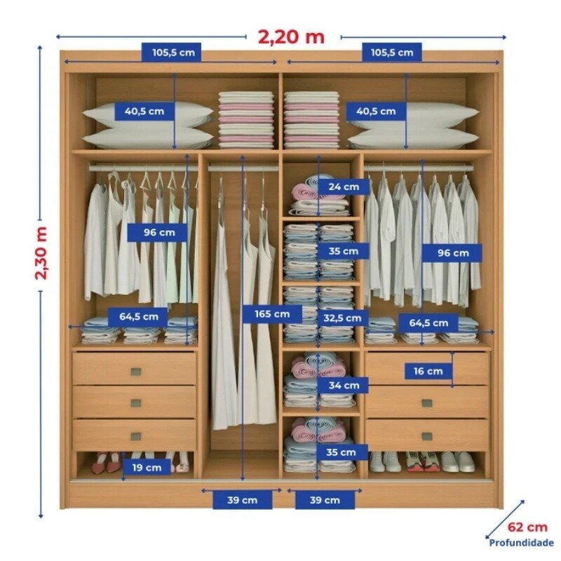 Guarda-roupa Casal 2,20m Titanium Branco Ripado 2 Portas 6 Gavetas 100% MDF com 1 Espelho - D Doro - Imagem 4