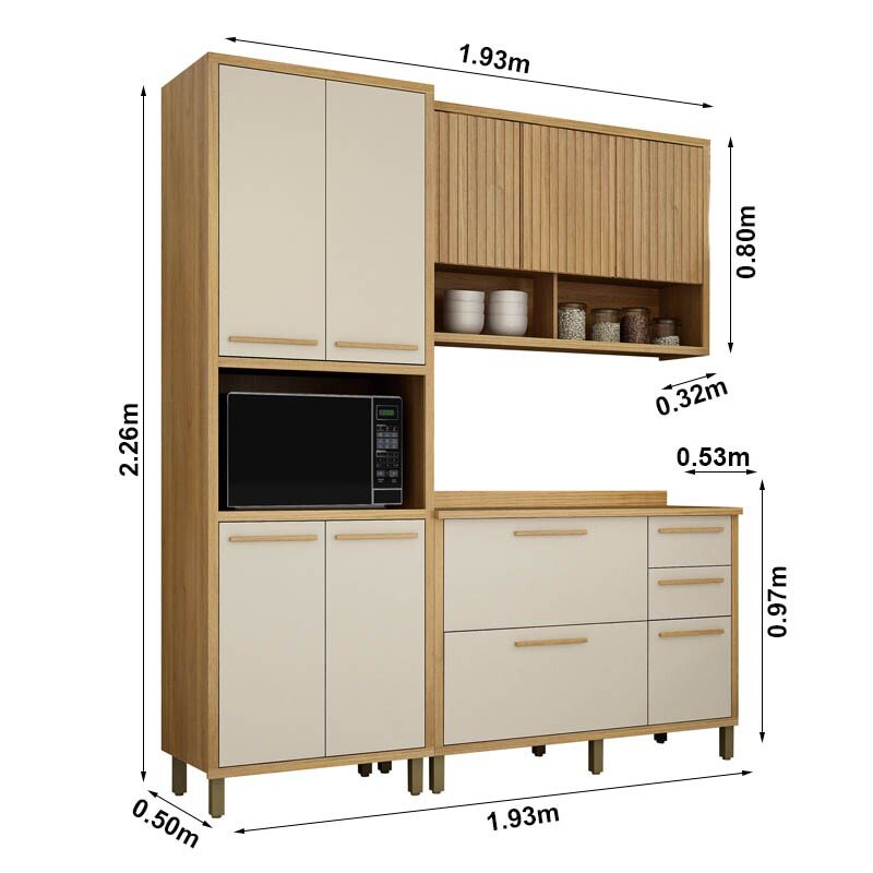 Cozinha 3 Peças Torino Cinamomo/Off: Paneleiro 0,73m + Balcão 1,20m + Aéreo 1,20m - Valdemóveis - Imagem 3