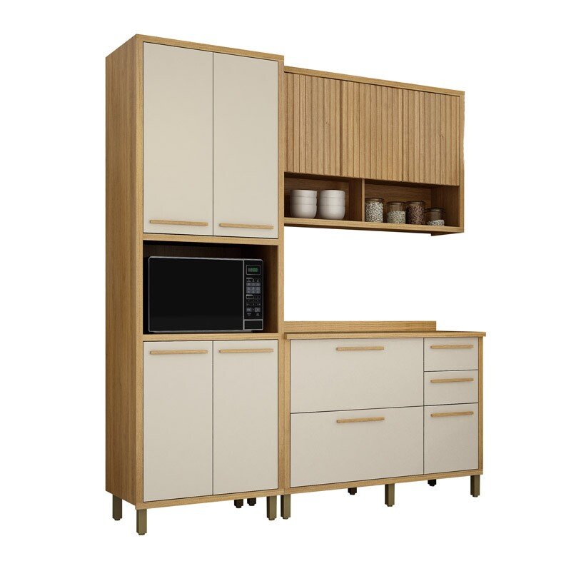 Cozinha 3 Peças Torino Cinamomo/Off: Paneleiro 0,73m + Balcão 1,20m + Aéreo 1,20m - Valdemóveis