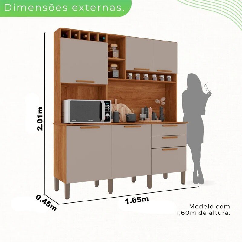 Armário de Cozinha 1,65m New Topázio Cinamomo/Off 6 Portas 2 Gavetas - Sallêto - Imagem 3