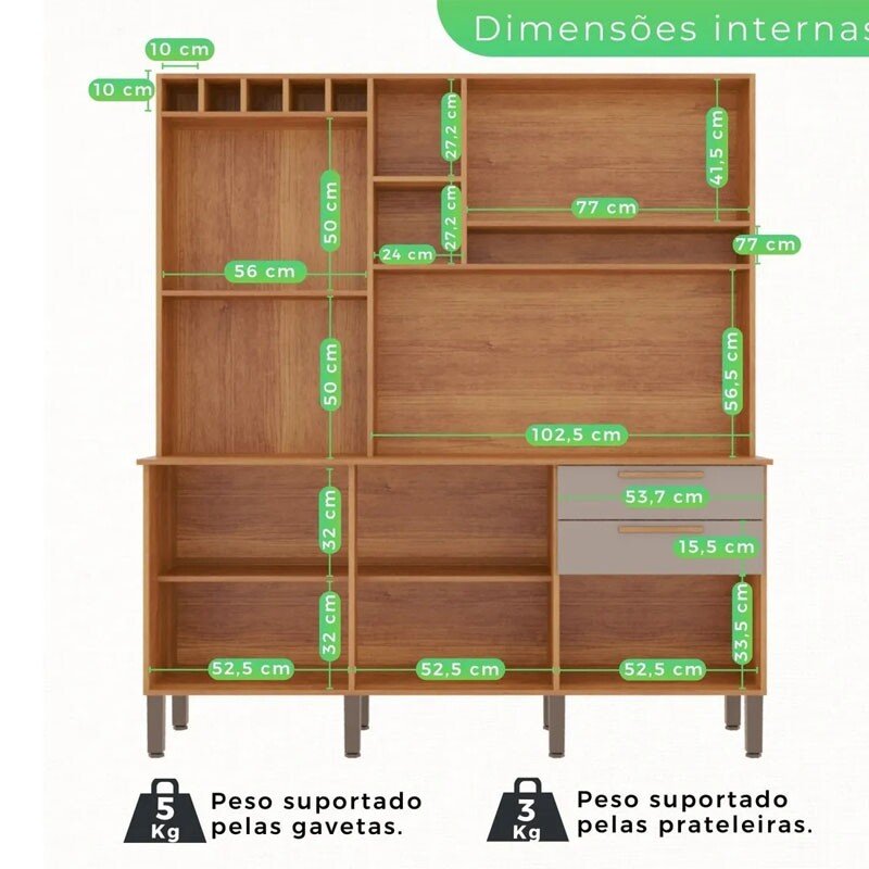Armário de Cozinha 1,65m New Topázio Cinamomo/Off 6 Portas 2 Gavetas - Sallêto - Imagem 4