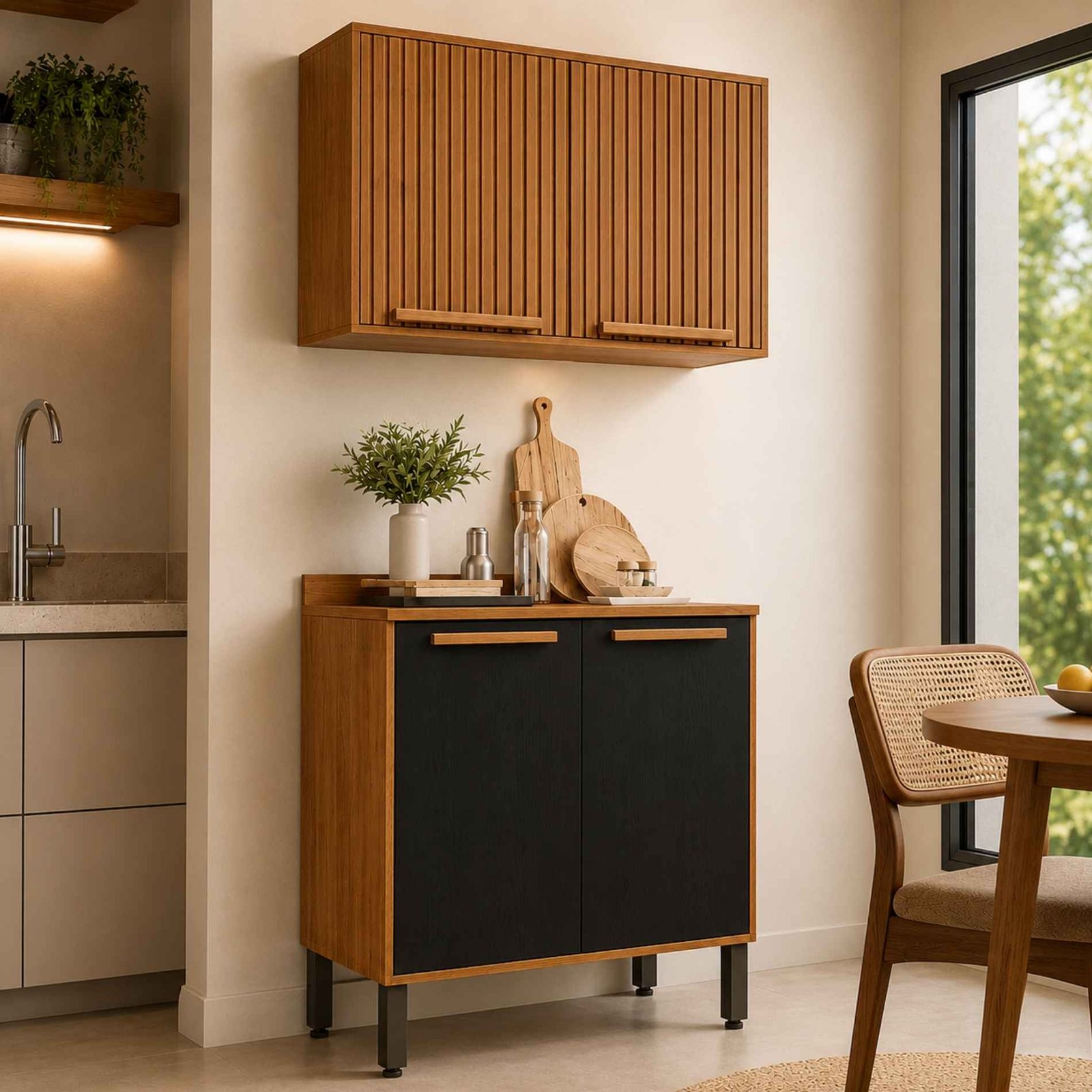 Balcão de Cozinha 0,80m Flórida Cinamomo/Preto + Aéreo Ripado 0,80m Flórida Cinamomo - Sallêto