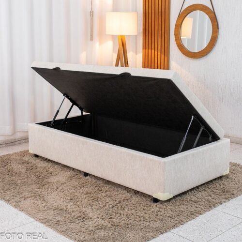 Base Box Baú Solteiro Confort Linho Palha Blindado 88x188x45 - Issacar