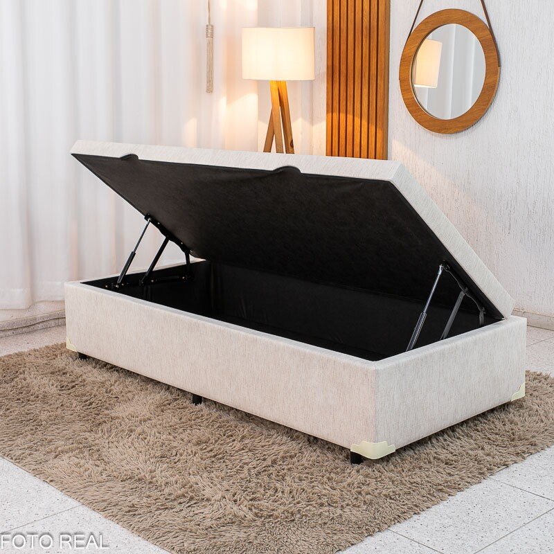 Base Box Baú Solteiro Confort Linho Palha Blindado 88x188x45 - Issacar