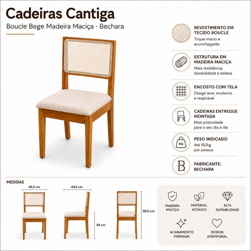 Caixa 2 Cadeiras Cantiga Bouclé Bege Estrutura Madeira Bechara - Entregue Montada - Imagem 7
