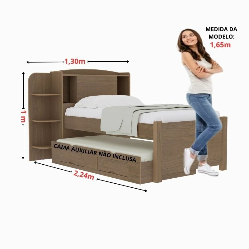 Cama Solteiro Milênio Castanho 1,30m Cabeceira com Baú 100% MDF - D Doro - Imagem 3