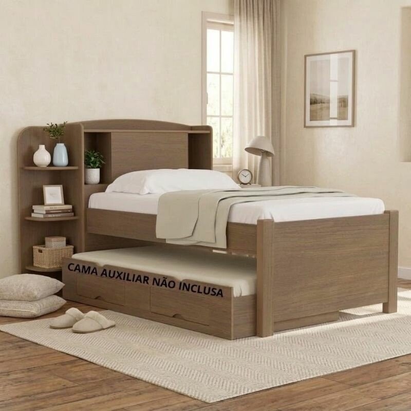 Cama Solteiro Milênio Castanho 1,30m Cabeceira com Baú 100% MDF - D Doro