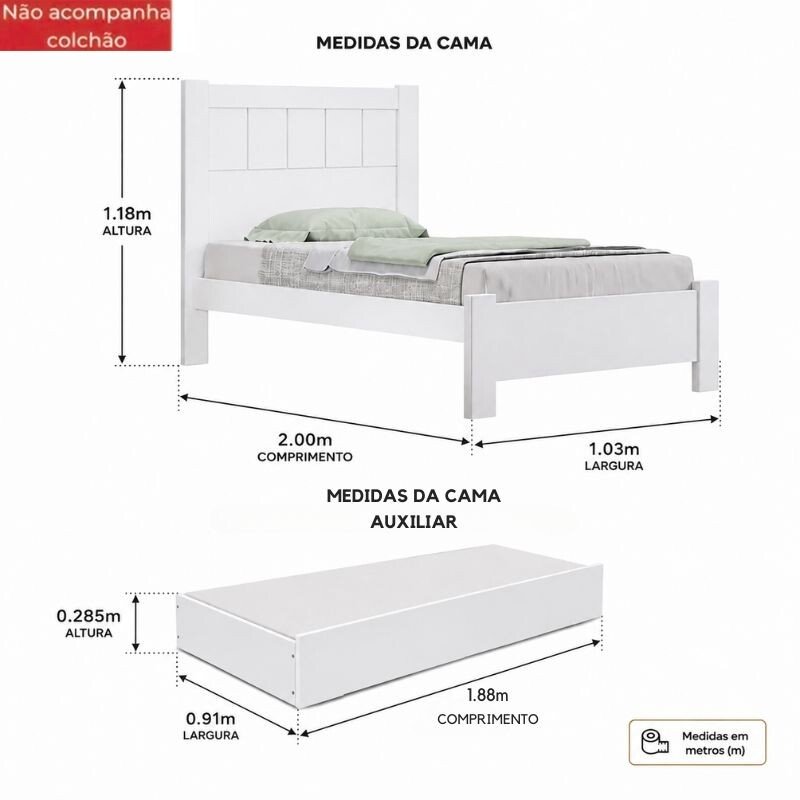 Cama Solteiro Primícia Branco D Doro + Cama Auxiliar Solteiro Barcelona Branco Tebarrot - Imagem 2