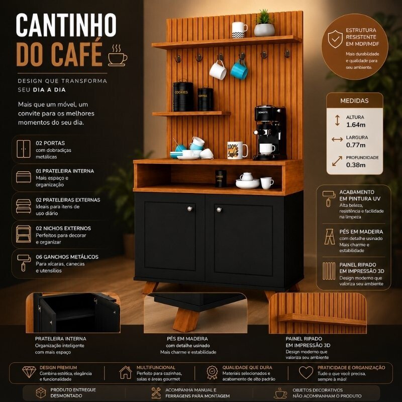 Cantinho do Café Star Preto/Nature C/Detalhe Ripado em Impressão 3D - JA Móveis - Imagem 5