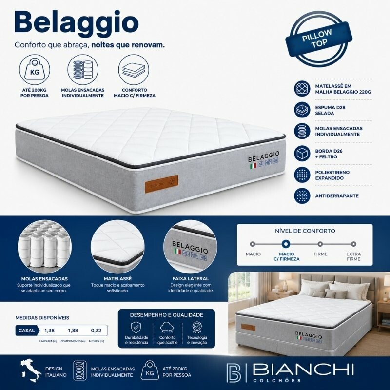 Colchão Casal Molas Ensacadas Belaggio Bianchi + Base Box Baú Casal Confort Linhão Petróleo Blindado Issacar - 138x188x77 - Imagem 2