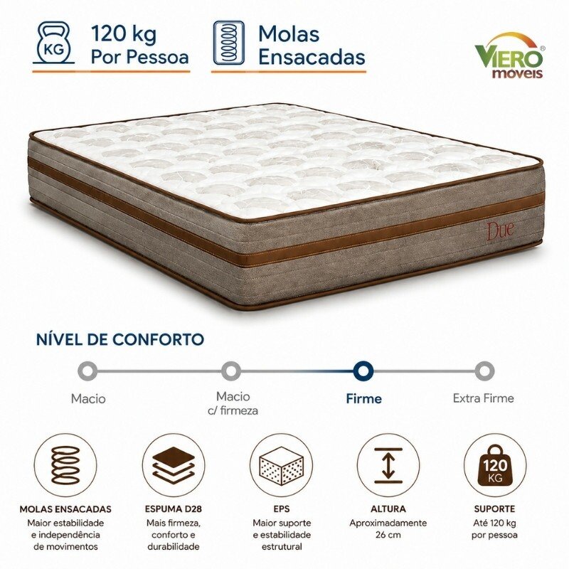 Colchão Casal Molas Ensacadas Due Viero + Base Box Baú Casal Confort Linhão Palha Blindado Issacar - 138x188x71 - Imagem 17