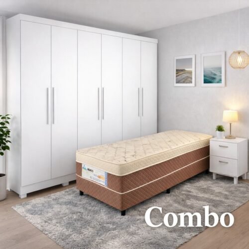 Combo - Guarda-roupa Sergipe Branco 6 Pts C/ Pés 100% MDF Larg. 1.80m - Bianchi + Unibox Solteiro Rondoconfort Ortopédico D33 Selada - Rondomóveis