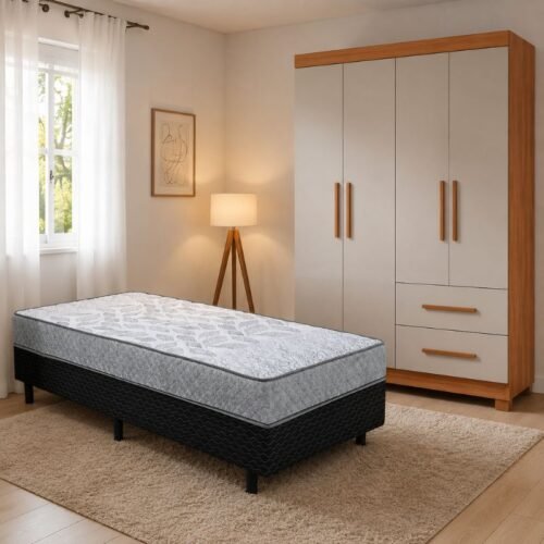 Guarda-roupa Solteiro Estrela 1.00m Cinamomo/Off 4 Portas C/ Pés Sallêto + UniBox Solteiro Supreme Natural D28 88x188x53 Cinza Gazin