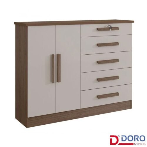 Cômoda 1,36m New Athos Castanho/Off 5 Gavetas e Sapateira - D Doro