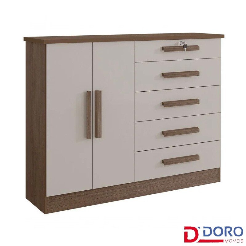 Cômoda 1,36m New Athos Castanho/Off 5 Gavetas e Sapateira - D Doro