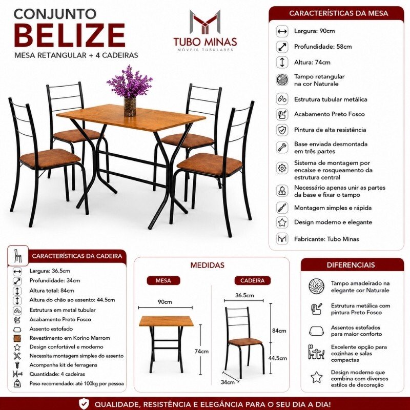 Mesa de Cozinha Belize Tampo MDF 90x58 Naturale com Base Nexus Preto Fosco + 4 Cadeiras Belize Assento em Korino Marrom | Tubo Minas - Imagem 8