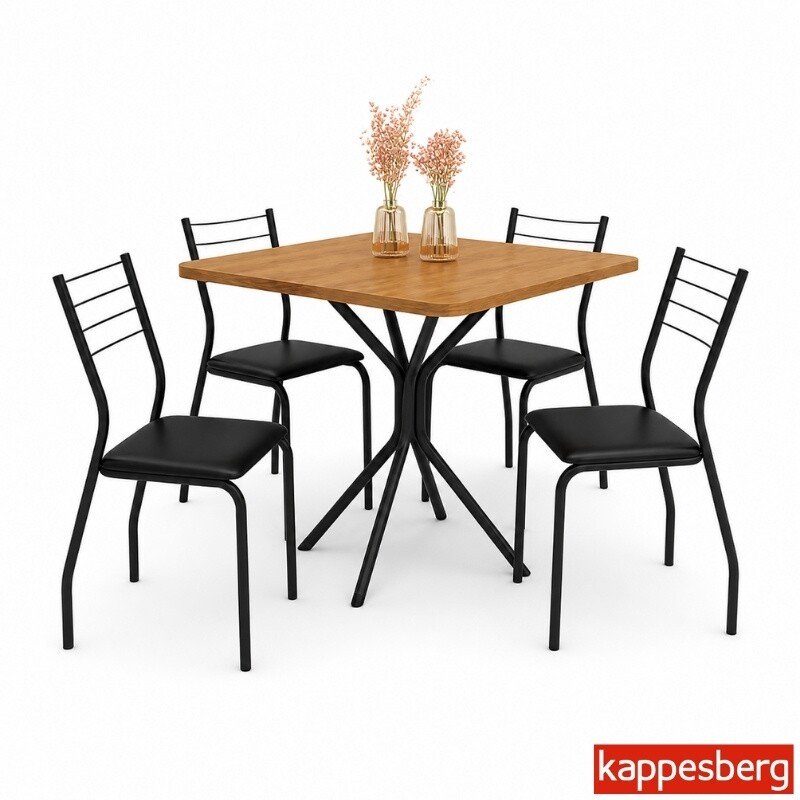 Mesa de Cozinha Creta Tampo Madeira 90x90 Canela com Base Creta Preto Fosco + 4 Cadeiras Malta Preto Fosco Assento em Korino Preto - Kappesberg - Imagem 2