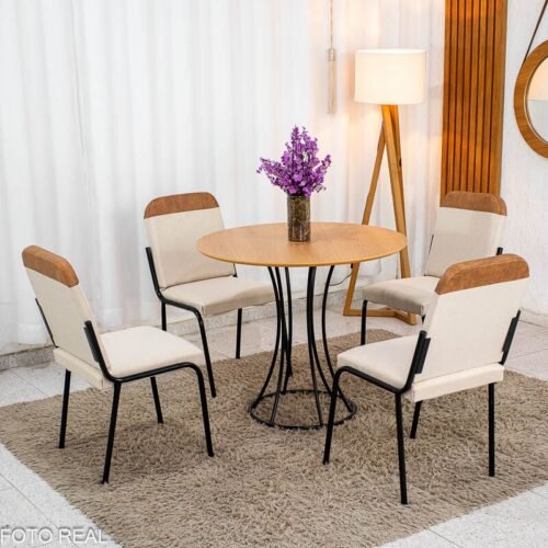 Mesa de Jantar Malta Tampo Redondo 90x90 Naturale Base Ônix Preto Fosco + 4 Cadeiras Malta Linho Bege - Tubo Minas