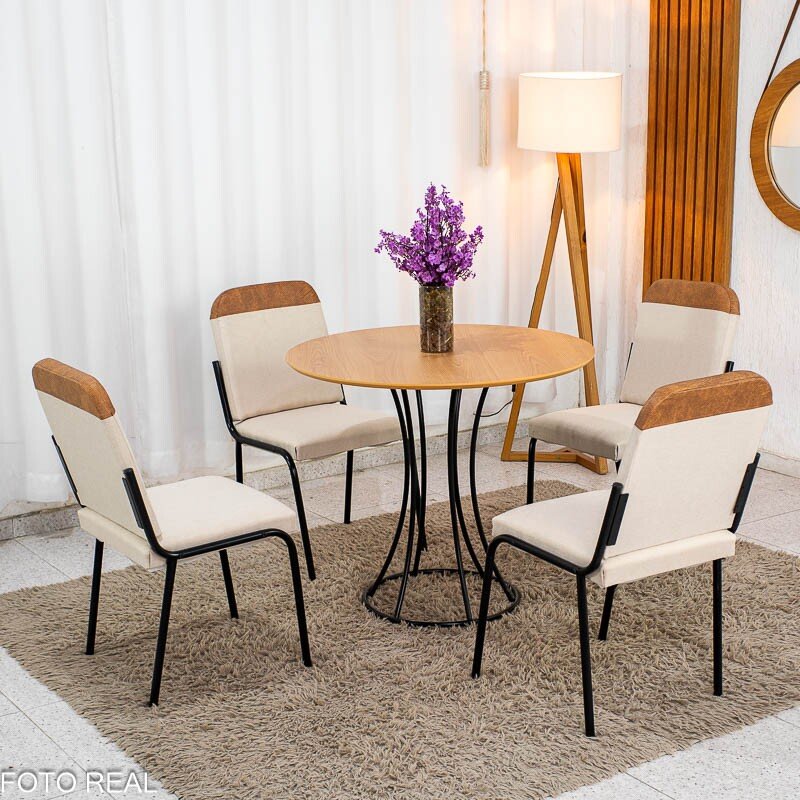 Mesa de Jantar Malta Tampo Redondo 90x90 Naturale Base Ônix Preto Fosco + 4 Cadeiras Malta Linho Bege - Tubo Minas
