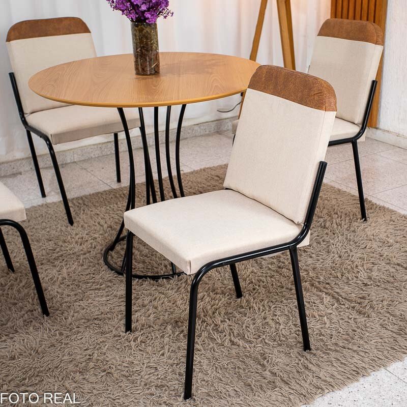 Mesa de Jantar Malta Tampo Redondo 90x90 Naturale Base Ônix Preto Fosco + 4 Cadeiras Malta Linho Bege - Tubo Minas - Imagem 4