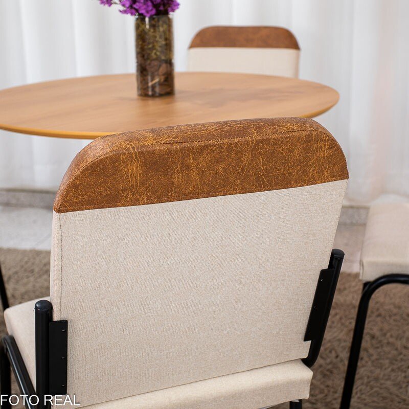 Mesa de Jantar Malta Tampo Redondo 90x90 Naturale Base Ônix Preto Fosco + 4 Cadeiras Malta Linho Bege - Tubo Minas - Imagem 5