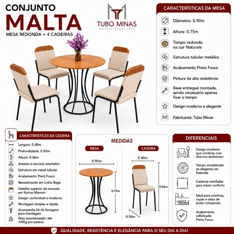 Mesa de Jantar Malta Tampo Redondo 90x90 Naturale Base Ônix Preto Fosco + 4 Cadeiras Malta Linho Bege - Tubo Minas - Imagem 8