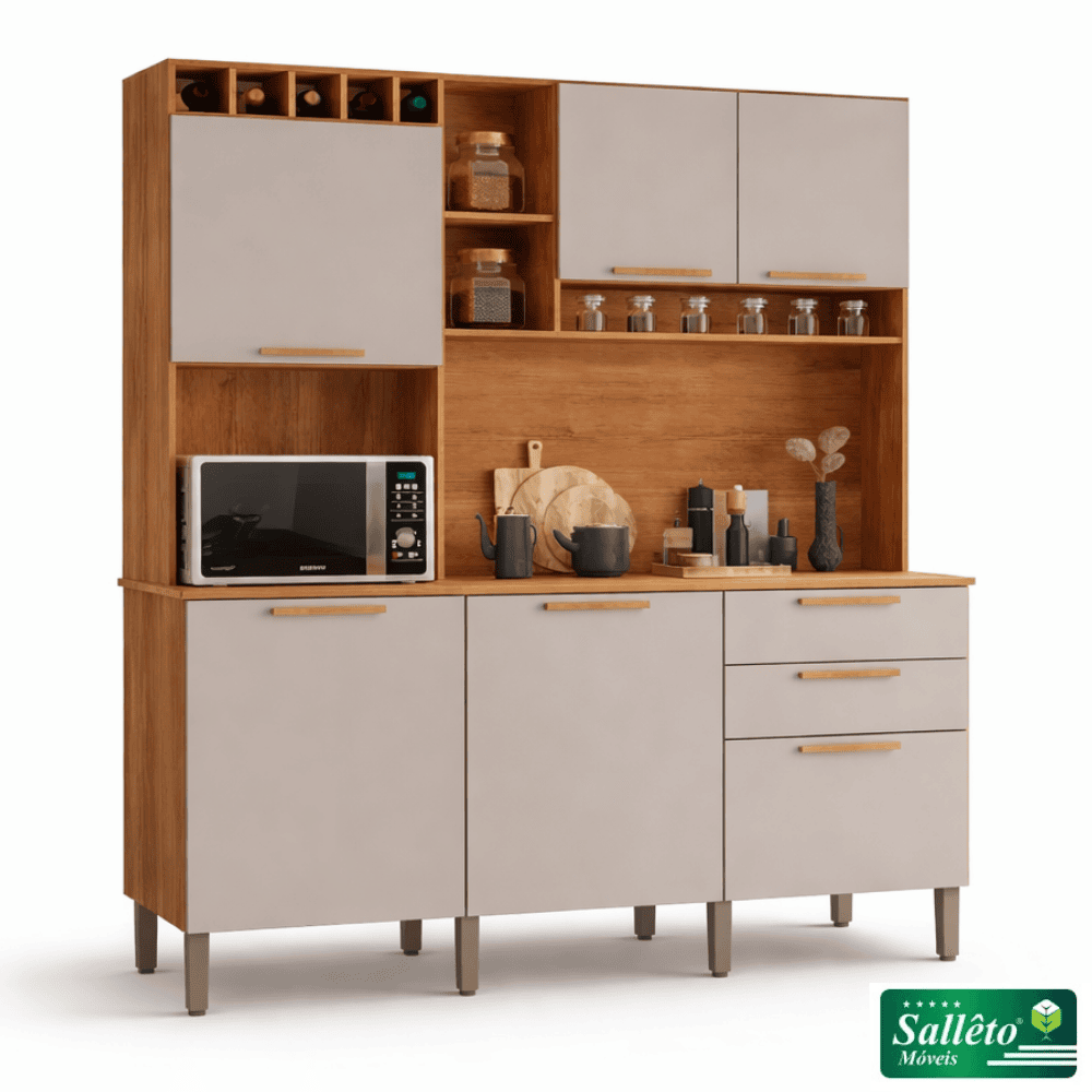 Armário de Cozinha 1,65m New Topázio Cinamomo/Off 6 Portas 2 Gavetas - Sallêto