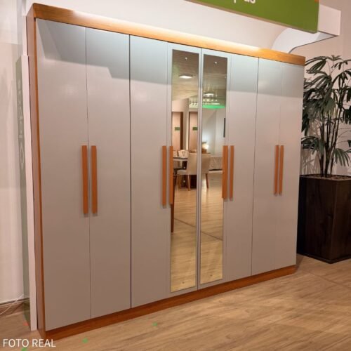 Guarda-roupa Casal 2,36m Andara Amêndoa Clean/Off 8 Portas 4 Gavetas com Espelho - Lopas