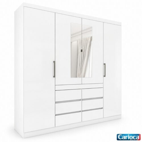 Guarda-roupa Casal 2,00m Império Branco 4 Portas 6 Gavetas com Espelho - Carioca