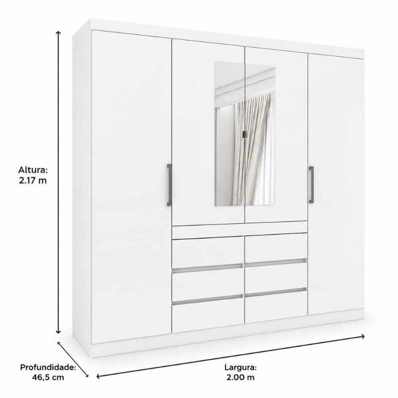 Guarda-roupa Casal 2,00m Império Branco 4 Portas 6 Gavetas com Espelho - Carioca - Imagem 3