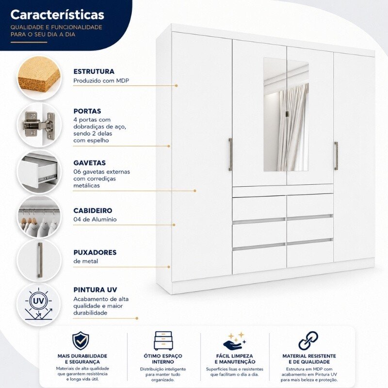 Guarda-roupa Casal 2,00m Império Branco 4 Portas 6 Gavetas com Espelho - Carioca - Imagem 4
