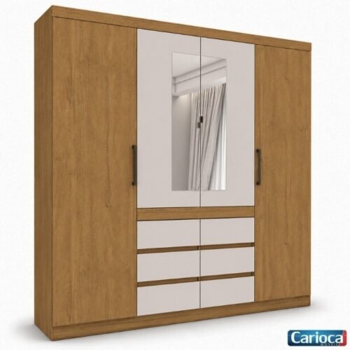 Guarda-roupa Casal 2,00m Império Cinamomo/Off 4 Portas 6 Gavetas com Espelho - Carioca