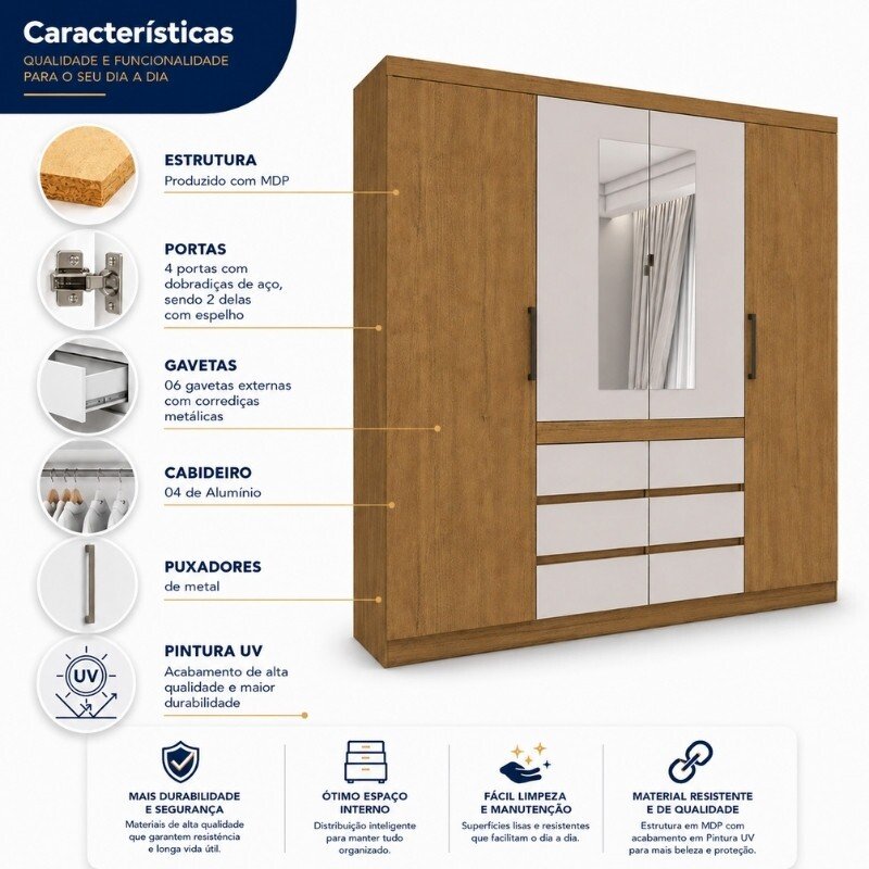 Guarda-roupa Casal 2,00m Império Cinamomo/Off 4 Portas 6 Gavetas com Espelho - Carioca - Imagem 4