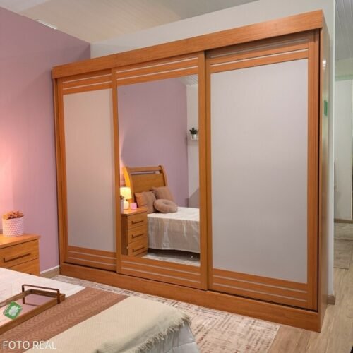 Guarda-roupa Casal 2,70m Nice Amêndoa Clean/Off 3 Portas 4 Gavetas com Espelho Portas Flex - Lopas