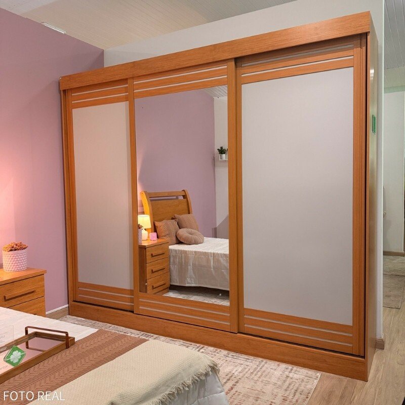 Guarda-roupa Casal 2,70m Nice Amêndoa Clean/Off 3 Portas 4 Gavetas com Espelho Portas Flex - Lopas