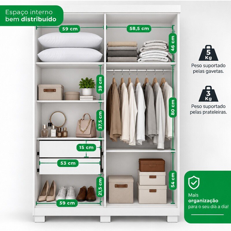 Guarda-roupa Solteiro 1,21m Recife Branco 4 Portas 2 Gavetas com Pés - Sallêto - Imagem 3