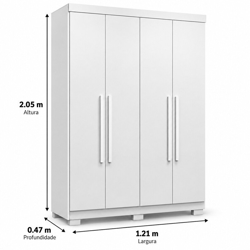Guarda-roupa Solteiro 1,21m Recife Branco 4 Portas 2 Gavetas com Pés - Sallêto - Imagem 4