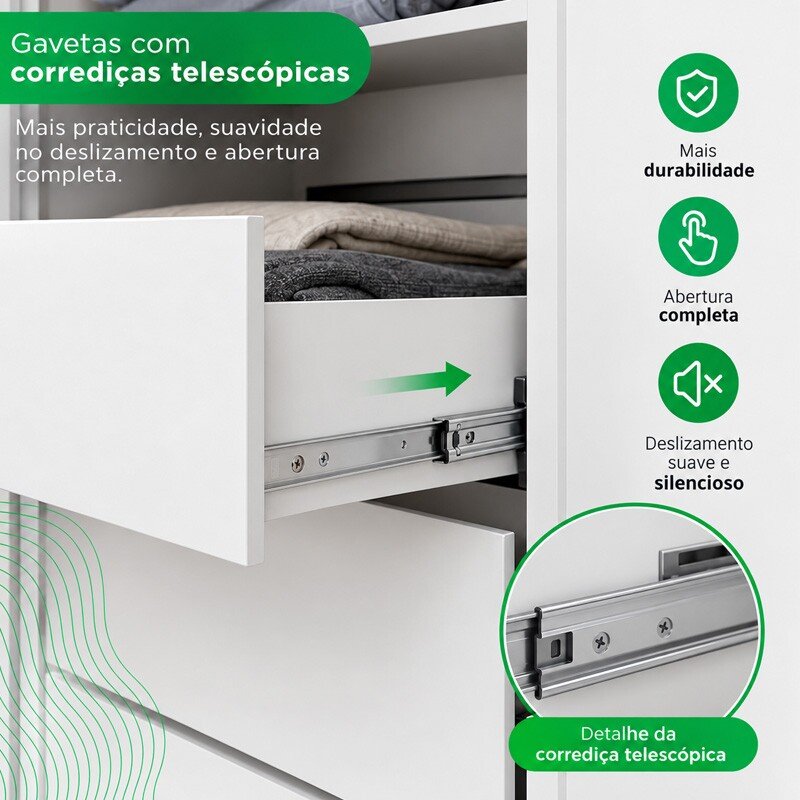 Guarda-roupa Solteiro 1,21m Recife Branco 4 Portas 2 Gavetas com Pés - Sallêto - Imagem 7