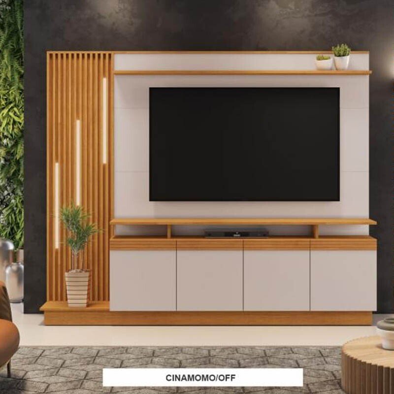 Home 2,00m Absoluto Cinamomo/Off com Detalhe Ripado e LED para TV até 65" - JCM