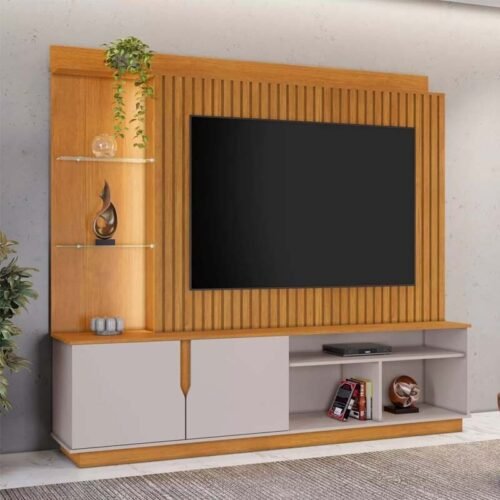 Home 1,82m Amparo Cinamomo/Off com Detalhe Ripado e LED para TV até 60" - JCM