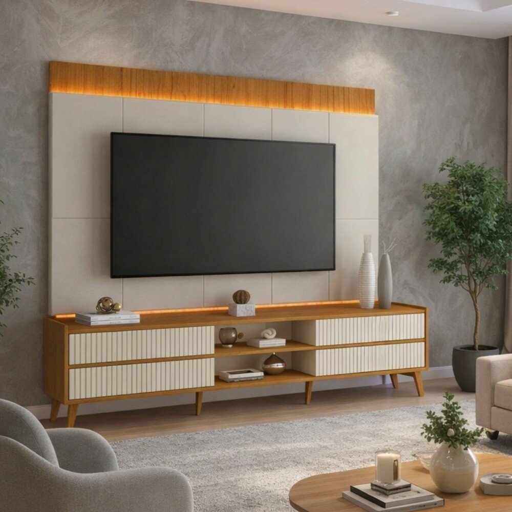 Rack Magnífico 212 Larg. 2.18m + Painel Magnífico 220 Nature/Off C/LED e Detalhe Ripado para TV até 85" - Gelius - Imagem 6