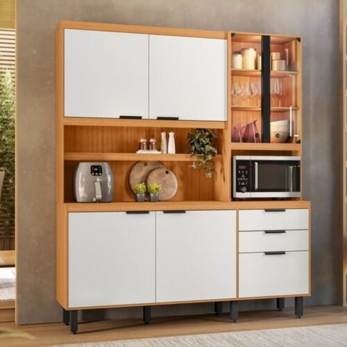 Kit de Cozinha 1,82m Murano Freijó/Off White 7 Portas 2 Gavetas com Iluminação em LED - Poliman
